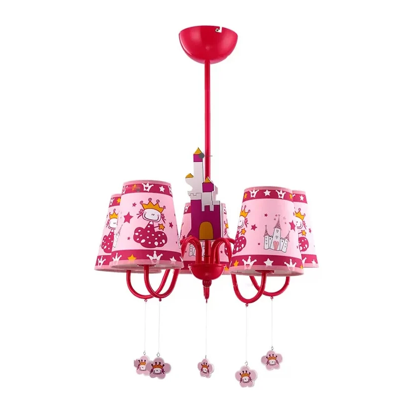 Kinderroze hanglamp met taps toelopende kap Prinses 5-kops metalen kroonluchter voor meisjesslaapkamer Clearhalo
