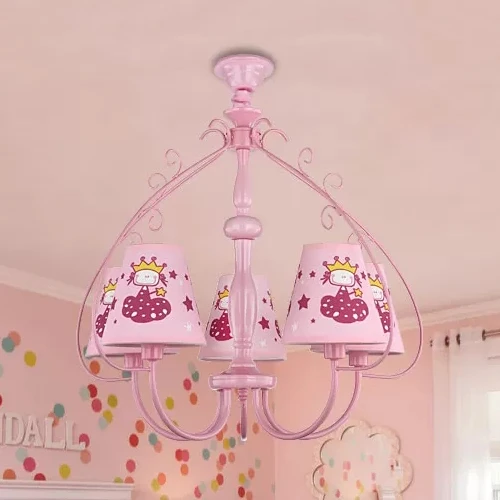 Kinderroze hanglamp met taps toelopende kap Prinses 5-kops metalen kroonluchter voor meisjesslaapkamer Clearhalo
