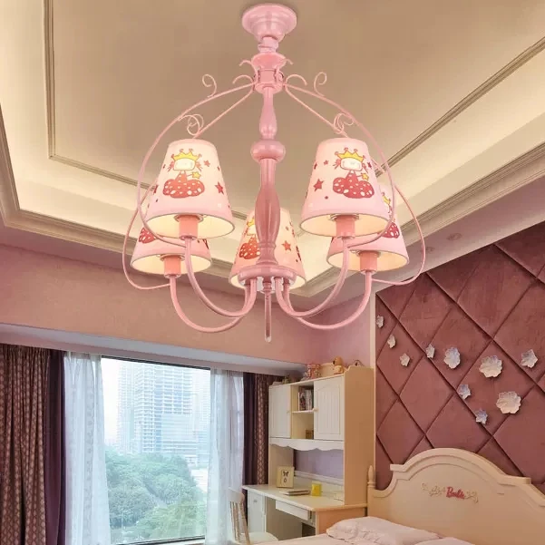 Kinderroze hanglamp met taps toelopende kap Prinses 5-kops metalen kroonluchter voor meisjesslaapkamer Clearhalo