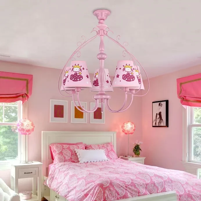 Kinderroze hanglamp met taps toelopende kap Prinses 5-kops metalen kroonluchter voor meisjesslaapkamer Clearhalo