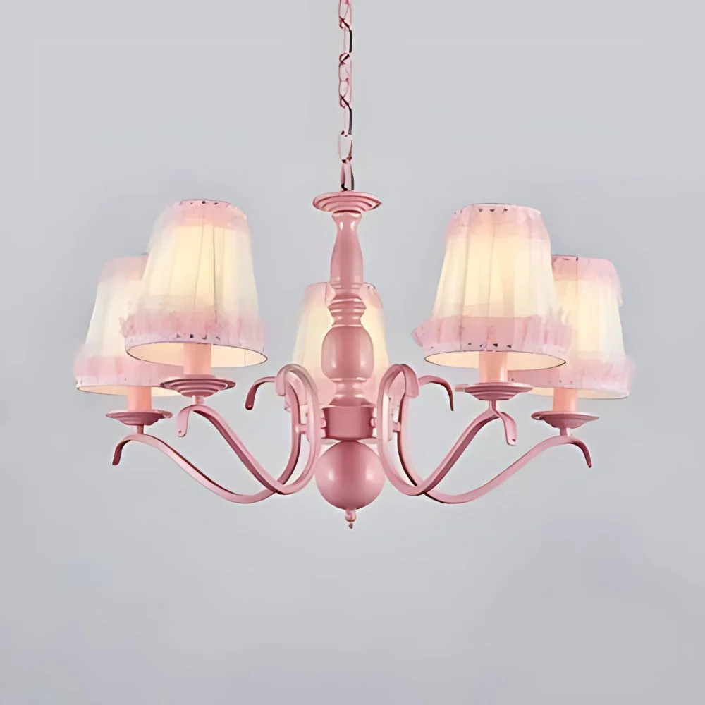 Kindertrapeziumvormige schaduwkroonluchter met kanten metalen hanglamp roze voor restaurant Clearhalo