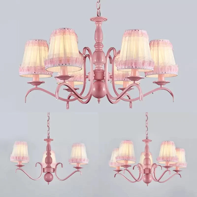 Kindertrapeziumvormige schaduwkroonluchter met kanten metalen hanglamp roze voor restaurant Clearhalo