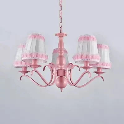 Kindertrapeziumvormige schaduwkroonluchter met kanten metalen hanglamp roze voor restaurant Clearhalo