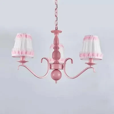 Kindertrapeziumvormige schaduwkroonluchter met kanten metalen hanglamp roze voor restaurant Clearhalo