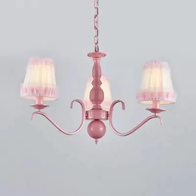 Kindertrapeziumvormige schaduwkroonluchter met kanten metalen hanglamp roze voor restaurant Clearhalo