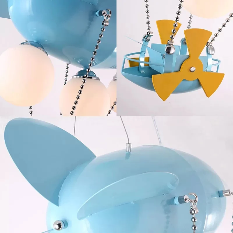 Kindervliegtuig hanglamp 3-kops metalen kroonluchter met schip blauw voor jongensslaapkamer Clearhalo