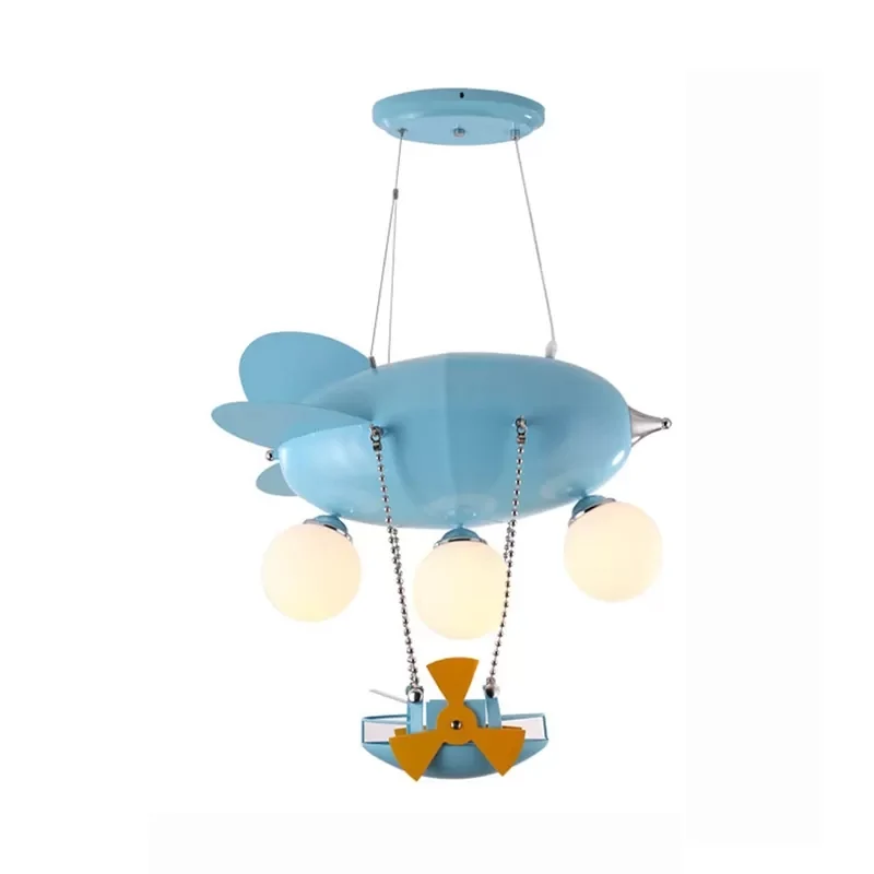 Kindervliegtuig hanglamp 3-kops metalen kroonluchter met schip blauw voor jongensslaapkamer Clearhalo