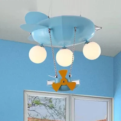Kindervliegtuig hanglamp 3-kops metalen kroonluchter met schip blauw voor jongensslaapkamer Clearhalo