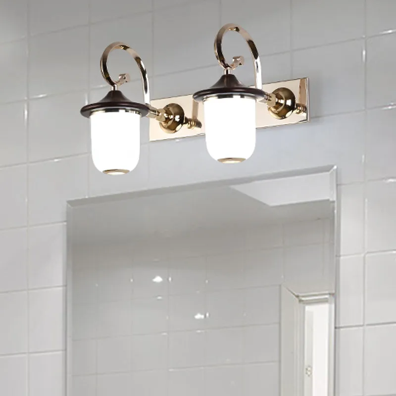 Klassieke cilinderlamp voor wandmontage, 2/3 lampen, wit glazen make-upspiegellamp met scrollarm zwart Clearhalo
