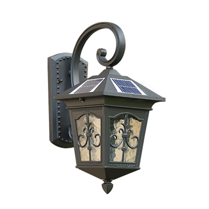 Klassieke huisvormige LED-wandlamp, metalen zonne-wandverlichtingsarmatuur met glazen kap Clearhalo