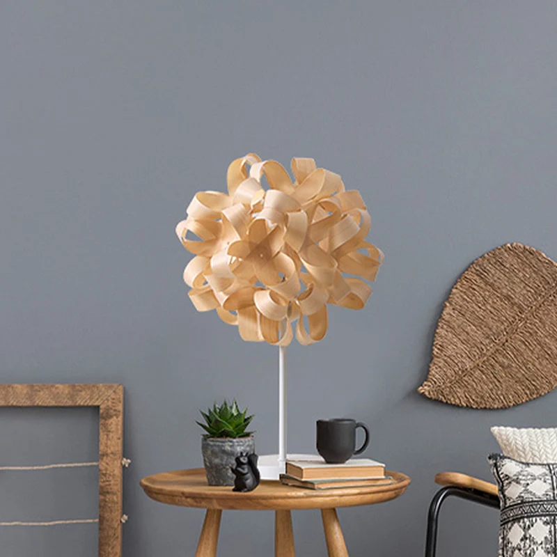 Kleine bureaulamp met 1 hoofd, Aziatisch beige, taakverlichting met bloemenhouten kap Clearhalo