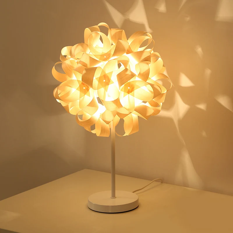 Kleine bureaulamp met 1 hoofd, Aziatisch beige, taakverlichting met bloemenhouten kap Clearhalo