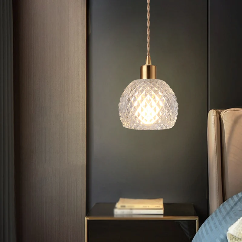 Kleine hanglamp moderne stijl, helder glas, enkele lamp, nachtkast-slingerlamp messing Clearhalo