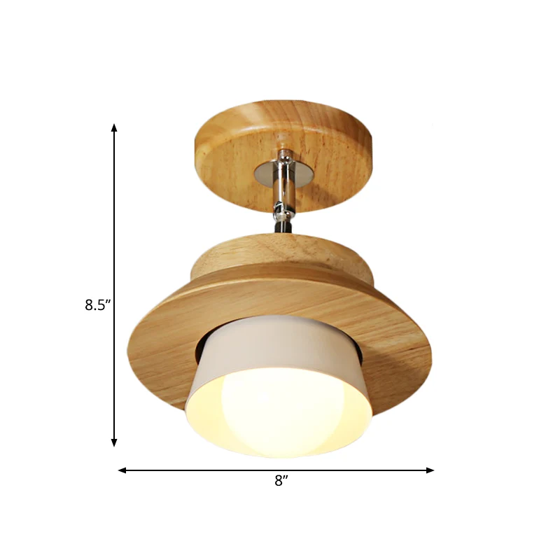 Kleine houten kap draaibare plafondlamp Minimalistisch 1-kops semi-inbouwarmatuur met ingevoegde witte lampenkap Clearhalo
