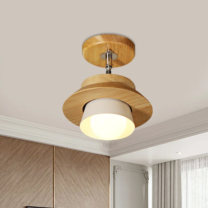 Kleine houten kap draaibare plafondlamp Minimalistisch 1-kops semi-inbouwarmatuur met ingevoegde witte lampenkap Clearhalo