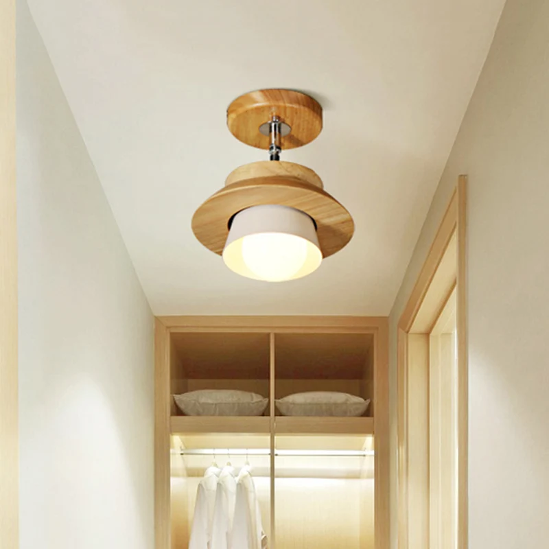 Kleine houten kap draaibare plafondlamp Minimalistisch 1-kops semi-inbouwarmatuur met ingevoegde witte lampenkap Clearhalo