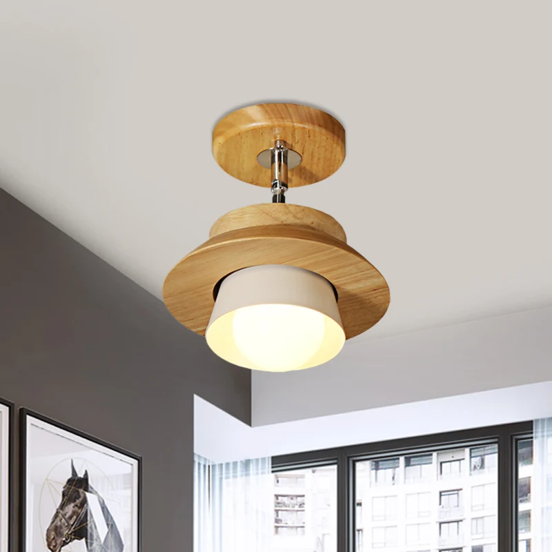 Kleine houten kap draaibare plafondlamp Minimalistisch 1-kops semi-inbouwarmatuur met ingevoegde witte lampenkap Clearhalo