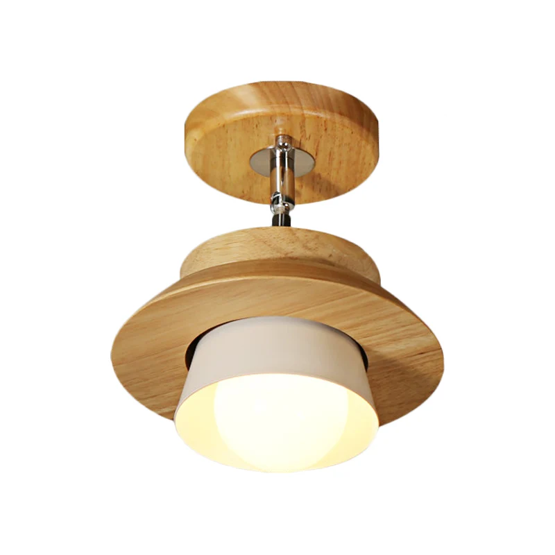 Kleine houten kap draaibare plafondlamp Minimalistisch 1-kops semi-inbouwarmatuur met ingevoegde witte lampenkap Clearhalo