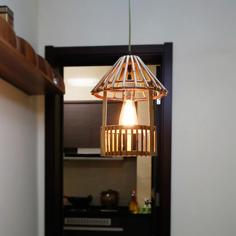 Kleine paviljoenvormige hanglamp Aziatische stijl bamboe 1-lichts eetkamer hanglamp natuurlijk hout Clearhalo