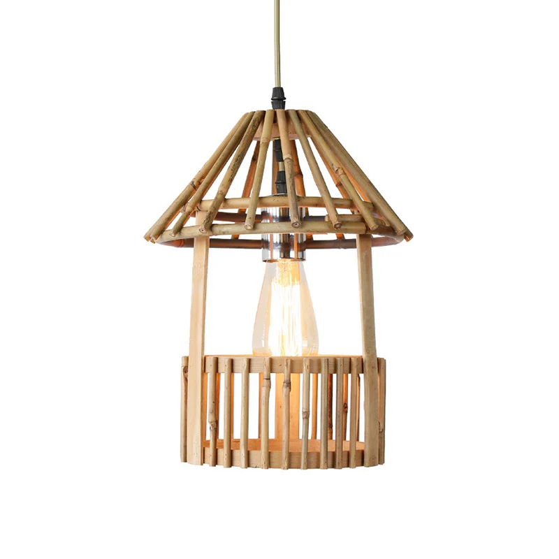 Kleine paviljoenvormige hanglamp Aziatische stijl bamboe 1-lichts eetkamer hanglamp natuurlijk hout Clearhalo