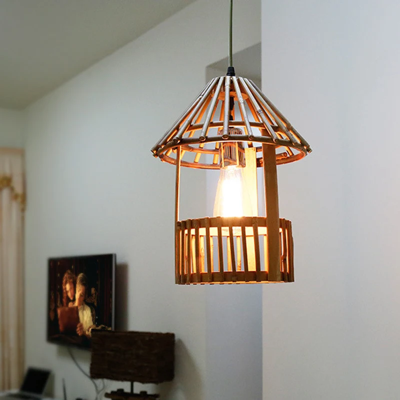 Kleine paviljoenvormige hanglamp Aziatische stijl bamboe 1-lichts eetkamer hanglamp natuurlijk hout Clearhalo