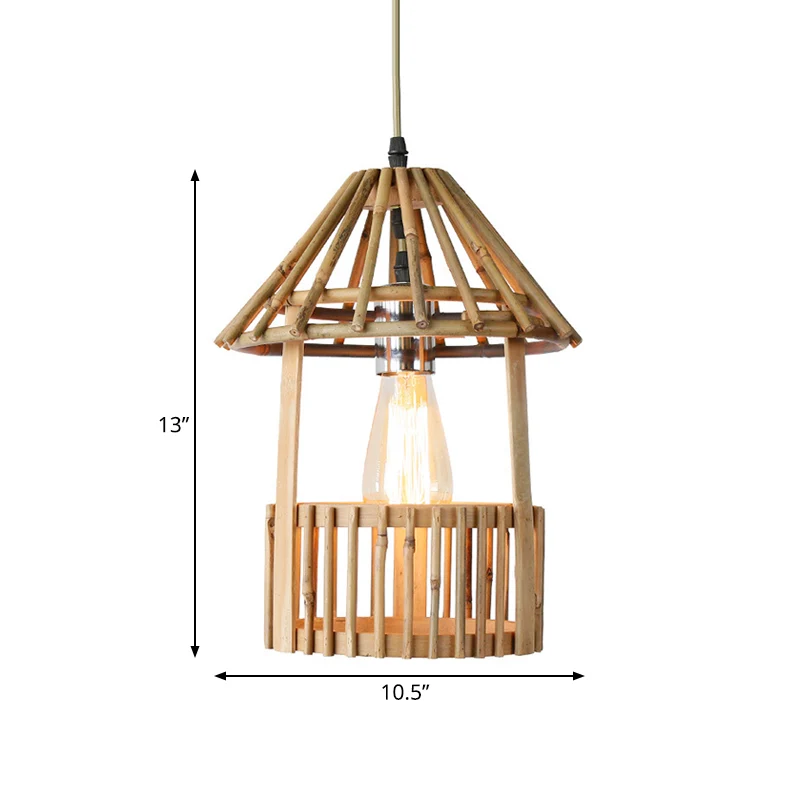 Kleine paviljoenvormige hanglamp Aziatische stijl bamboe 1-lichts eetkamer hanglamp natuurlijk hout Clearhalo