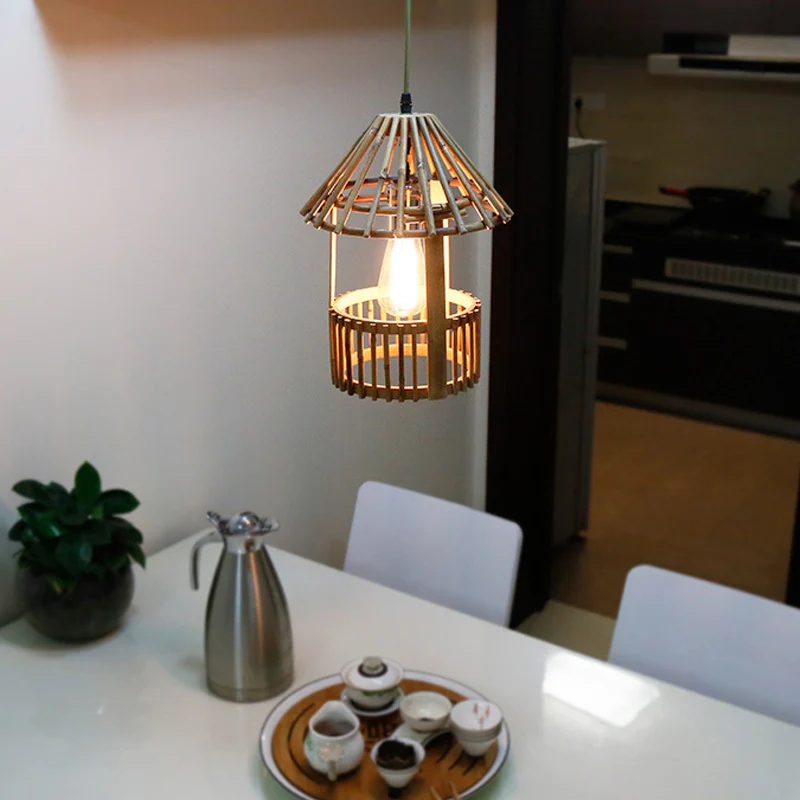 Kleine paviljoenvormige hanglamp Aziatische stijl bamboe 1-lichts eetkamer hanglamp natuurlijk hout Clearhalo