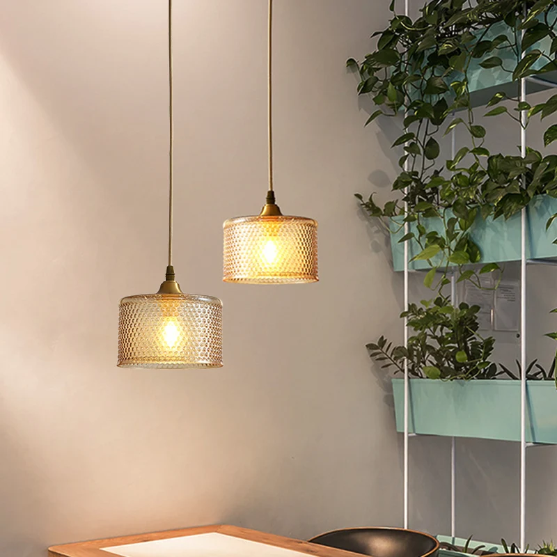 Kleine trommel nachtkastje plafond hanglamp eenvoudig traliewerk glas 1 kop messing slingerlamp Clearhalo