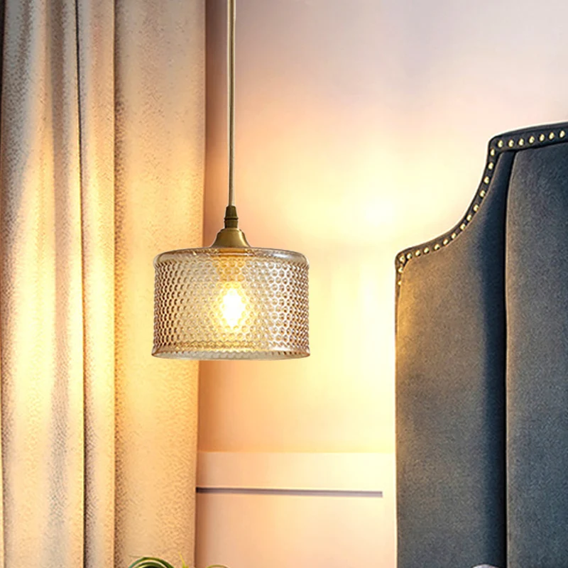 Kleine trommel nachtkastje plafond hanglamp eenvoudig traliewerk glas 1 kop messing slingerlamp Clearhalo