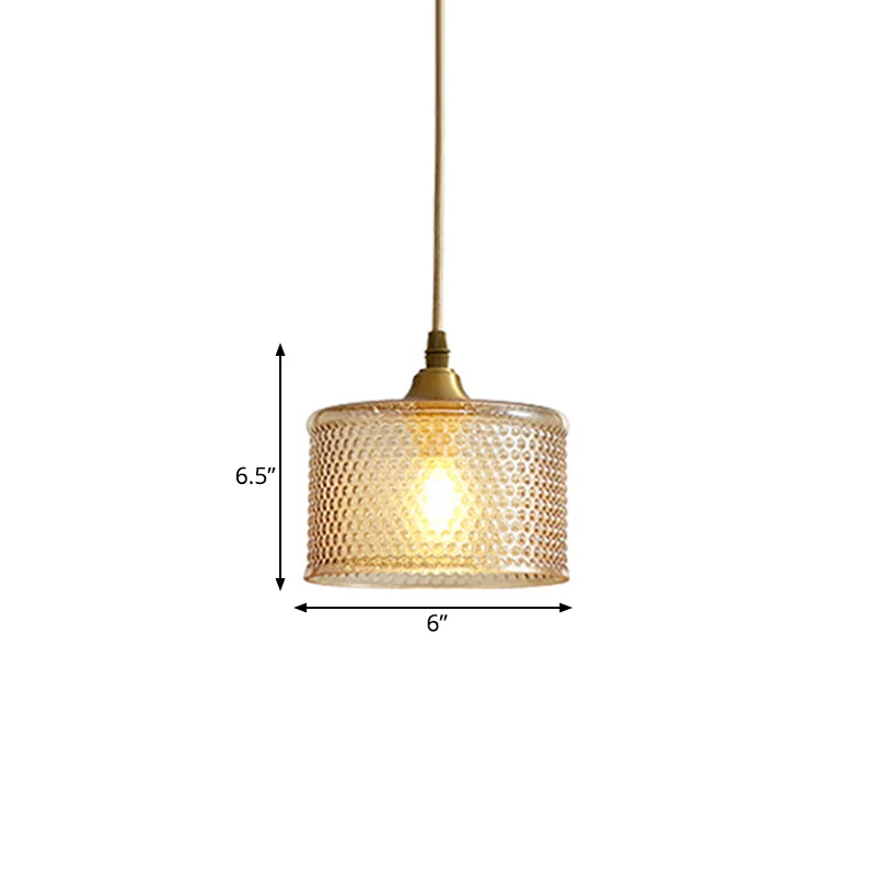 Kleine trommel nachtkastje plafond hanglamp eenvoudig traliewerk glas 1 kop messing slingerlamp Clearhalo