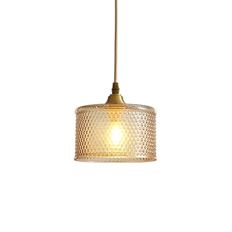 Kleine trommel nachtkastje plafond hanglamp eenvoudig traliewerk glas 1 kop messing slingerlamp Clearhalo