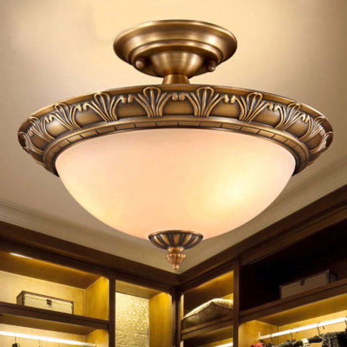Kleine/grote kom melkglas semi-inbouw klassieke slaapkamer LED-plafondlamp met gesneden wolk/blad/bloemrand brons Clearhalo