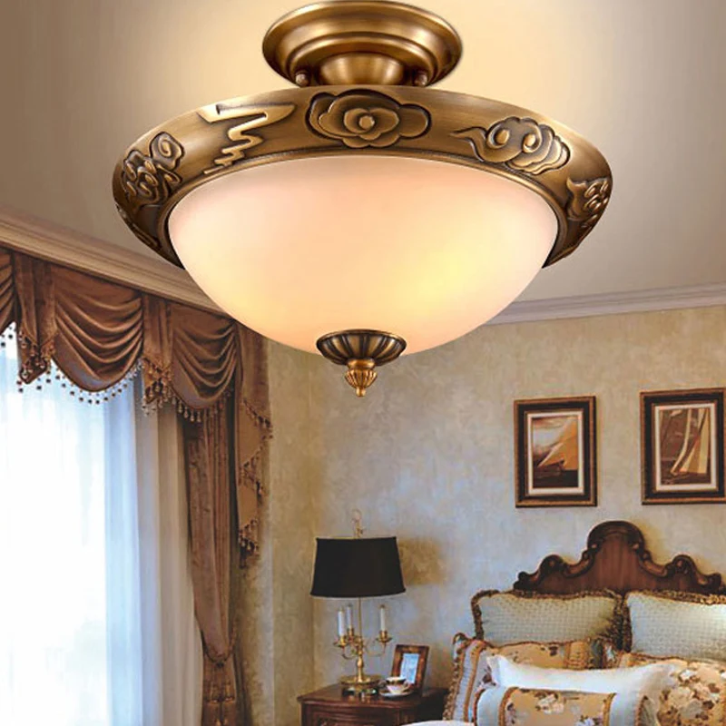 Kleine/grote kom melkglas semi-inbouw klassieke slaapkamer LED-plafondlamp met gesneden wolk/blad/bloemrand brons Clearhalo
