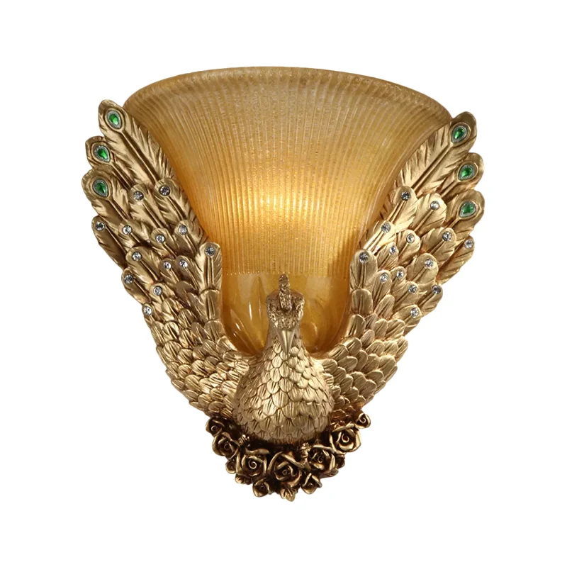 Klokvormige zitkamerwandkandelaar Cottage Amber geribbeld glas 1-kops gouden wandverlichtingsidee met pauwontwerp Clearhalo