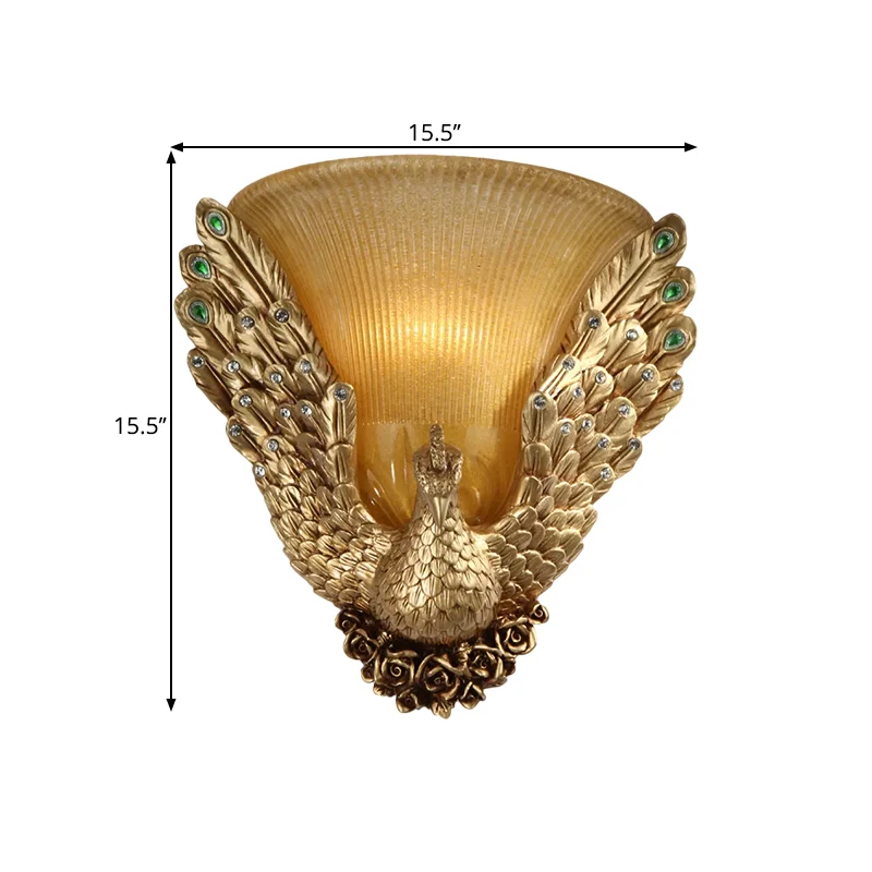 Klokvormige zitkamerwandkandelaar Cottage Amber geribbeld glas 1-kops gouden wandverlichtingsidee met pauwontwerp Clearhalo