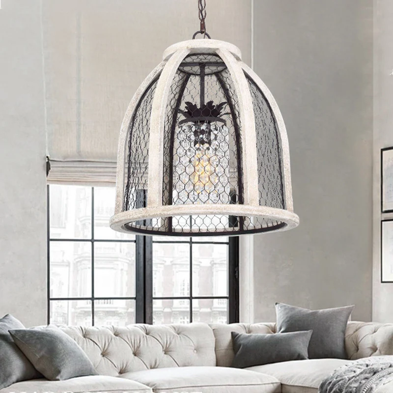 Koepel Eetkamer Hanglampenset Traditioneel Metaal 1-lichts Verontruste witte hanglamp met kooi Clearhalo