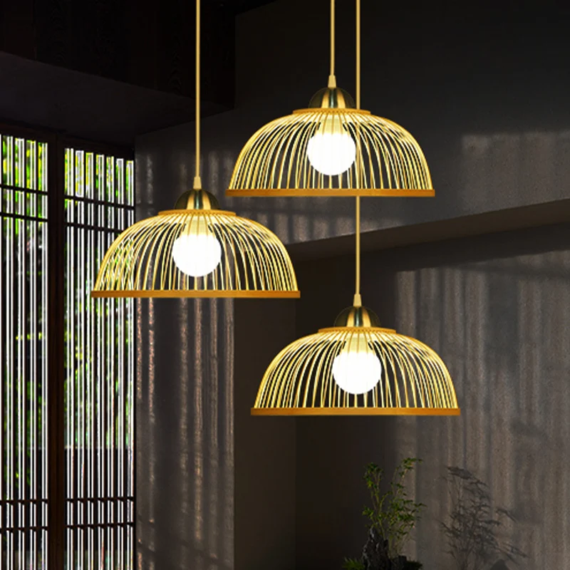 Koepel hangend plafondlamp Aziatische stijl bamboe enkele lamp beige hanglamp voor tearoom Clearhalo