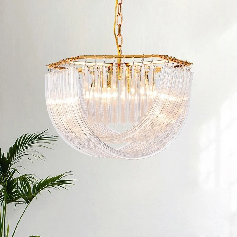 Koepel Kroonluchter Licht Modernisme Gebogen Prisma Glazen Strip 4/6 Hoofden Messing Hanglamp, 19,5"/25,5" Breed Clearhalo