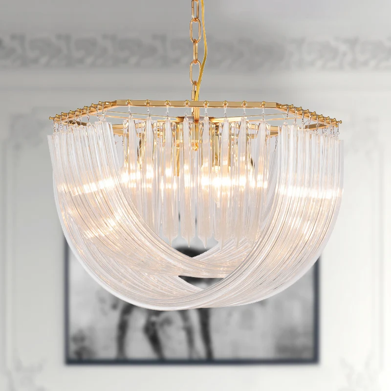 Koepel Kroonluchter Licht Modernisme Gebogen Prisma Glazen Strip 4/6 Hoofden Messing Hanglamp, 19,5"/25,5" Breed Clearhalo
