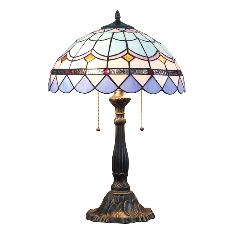 Koepel/kom-leeslamp barokstijl, 1-lichts tafelverlichting van gebrandschilderd glas met metalen voet blauw Clearhalo