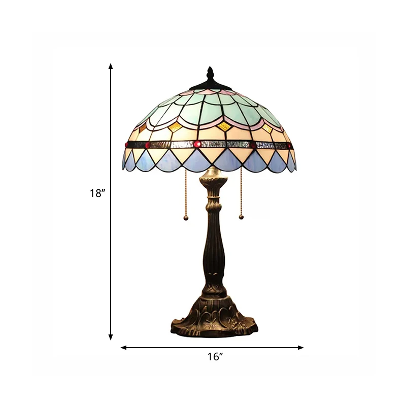 Koepel/kom-leeslamp barokstijl, 1-lichts tafelverlichting van gebrandschilderd glas met metalen voet blauw Clearhalo