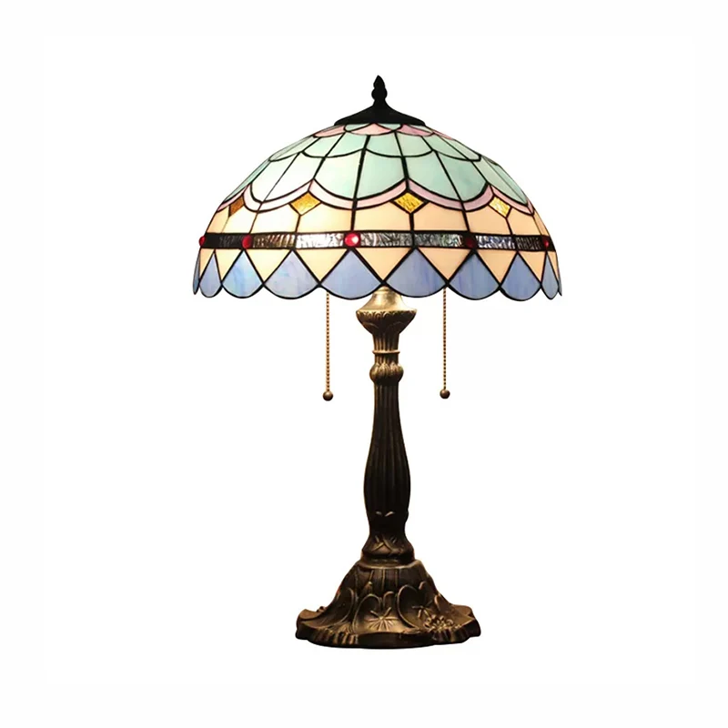 Koepel/kom-leeslamp barokstijl, 1-lichts tafelverlichting van gebrandschilderd glas met metalen voet blauw Clearhalo