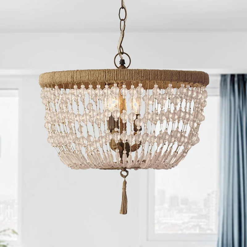 Koepelkroonluchter licht rustiek kristal 3 koppen heldere hanglampset met touwring voor slaapkamer Clearhalo