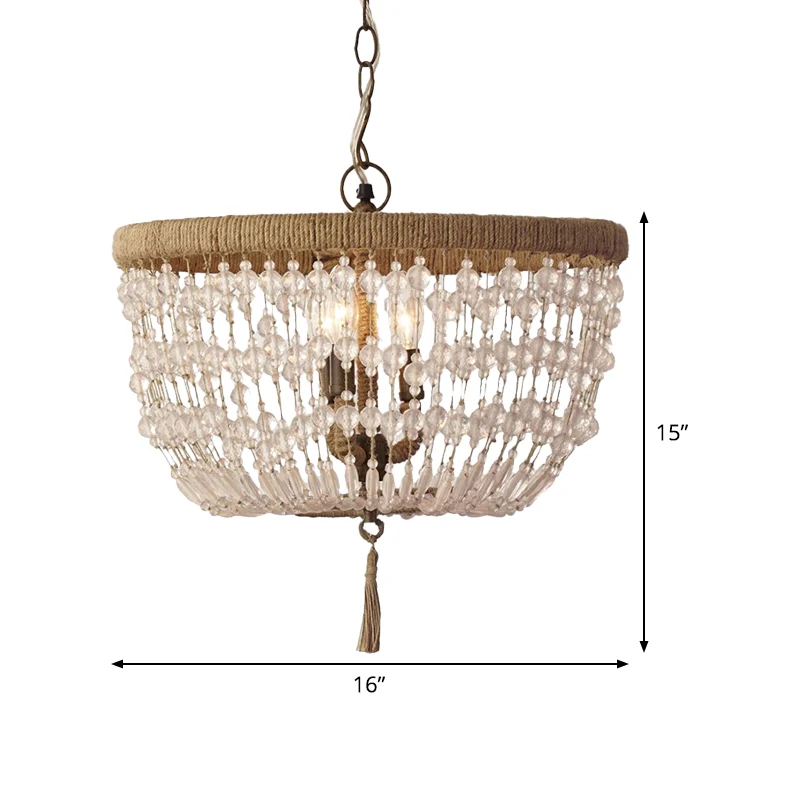 Koepelkroonluchter licht rustiek kristal 3 koppen heldere hanglampset met touwring voor slaapkamer Clearhalo