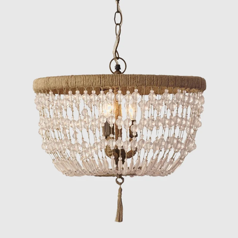 Koepelkroonluchter licht rustiek kristal 3 koppen heldere hanglampset met touwring voor slaapkamer Clearhalo