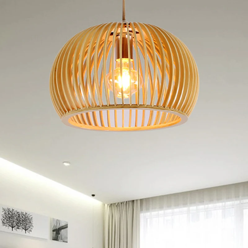 Koepelvormige hanglamp Japans hout 1 kop Beige plafondhanglamp voor woonkamer, 13"/18" breed Clearhalo