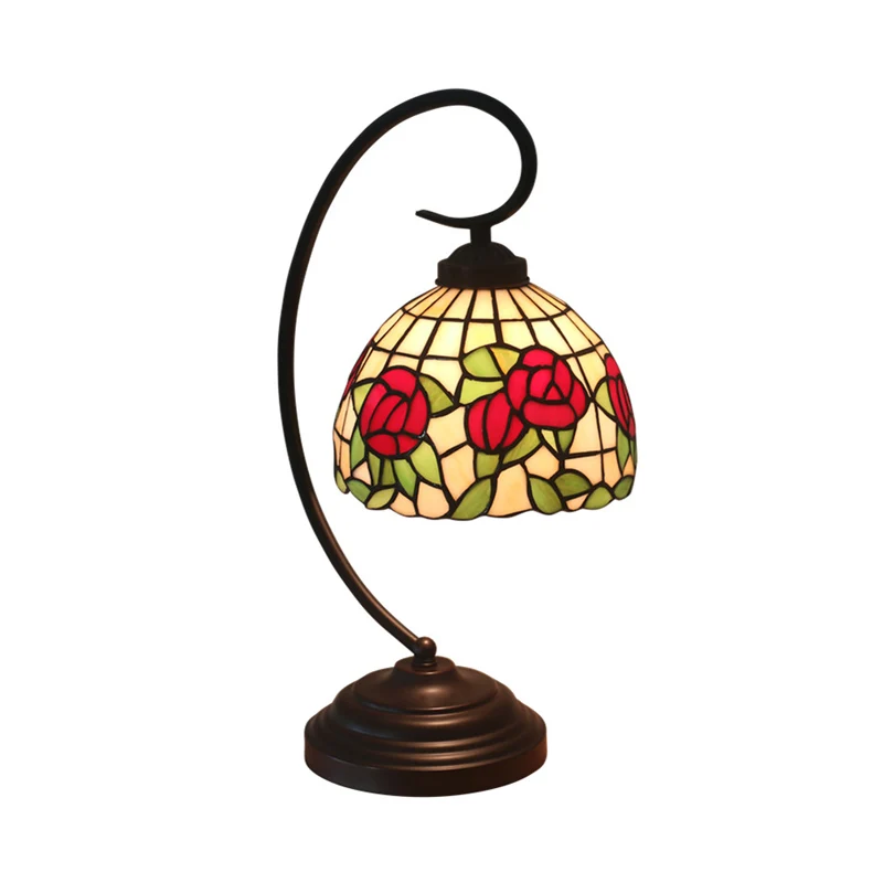 Koepelvormige tafelverlichting met 1 lamp, barok rood/roze/bruin geslepen glas, nachtkastje met roze/tulppatroon en ronde...