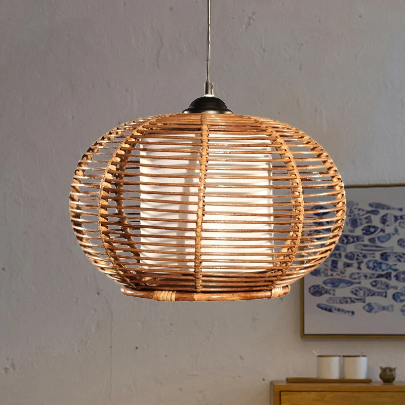 Koffie Pompoen Hanglamp Azië 1 Kop Rotan Plafond Hanglamp met Buis Wit Perkamenten Kap Clearhalo