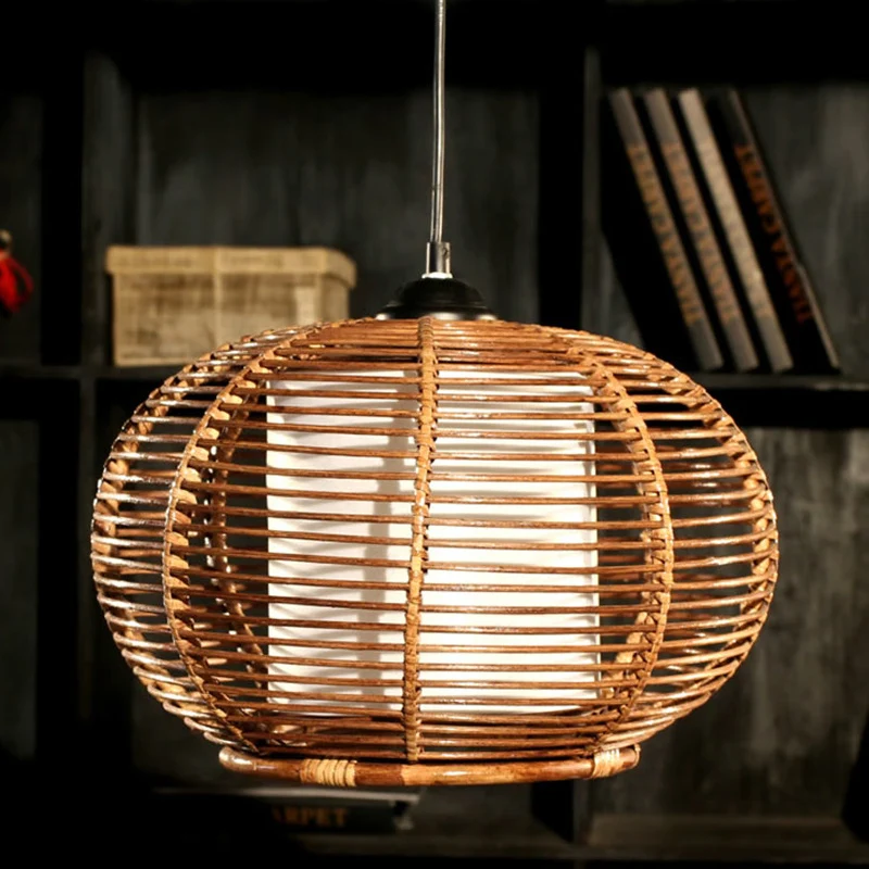 Koffie Pompoen Hanglamp Azië 1 Kop Rotan Plafond Hanglamp met Buis Wit Perkamenten Kap Clearhalo