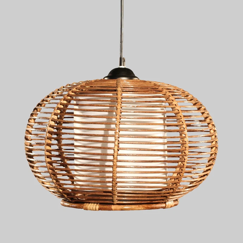 Koffie Pompoen Hanglamp Azië 1 Kop Rotan Plafond Hanglamp met Buis Wit Perkamenten Kap Clearhalo